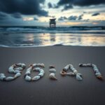 Flick International Close-up of seashells arranged in the sand forming the numbers '86 47' at dawn