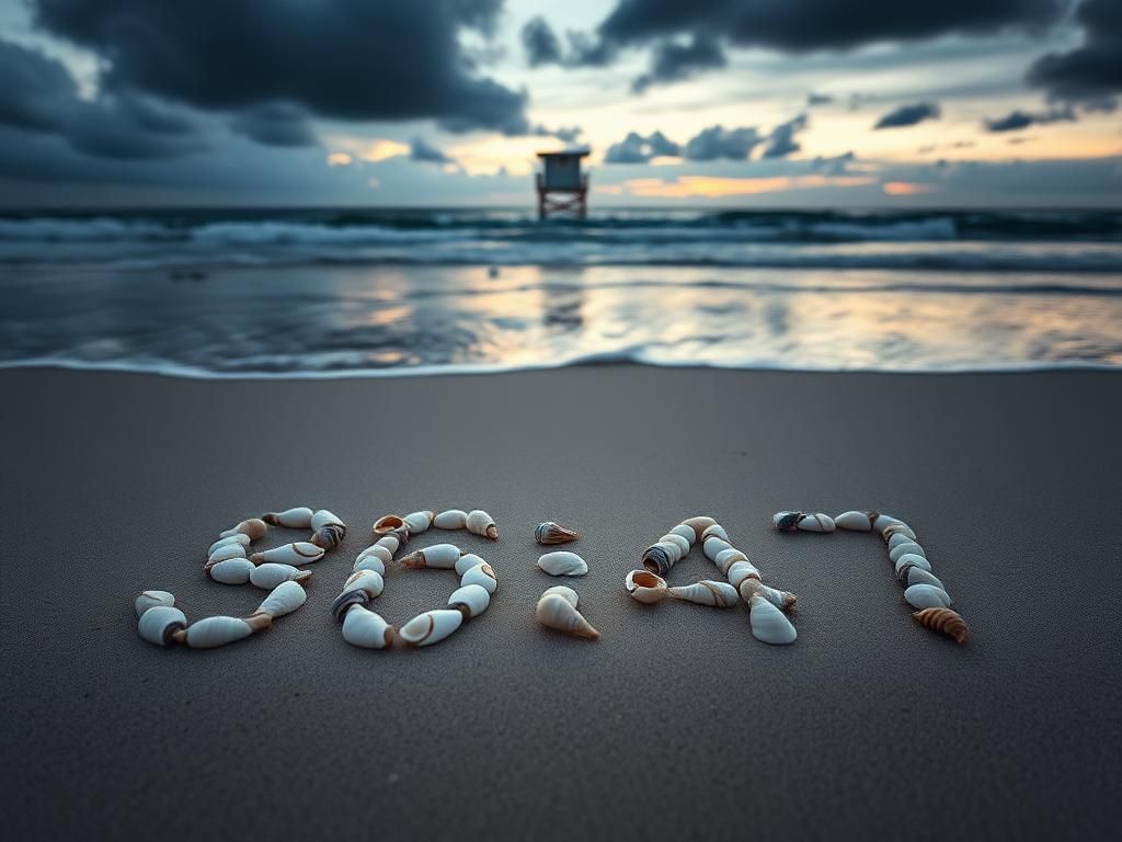 Flick International Close-up of seashells arranged in the sand forming the numbers '86 47' at dawn