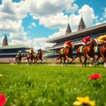 Flick International Exciting scene of the Kentucky Derby racecourse at Churchill Downs with racehorses in vibrant silks
