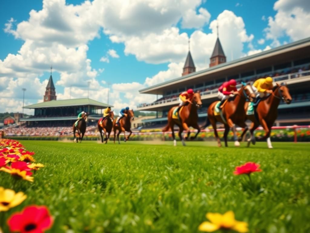 Flick International Exciting scene of the Kentucky Derby racecourse at Churchill Downs with racehorses in vibrant silks