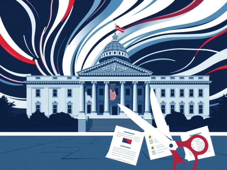 Flick International A stylized representation of the State Department building with columns and an American flag, symbolizing reform and change.