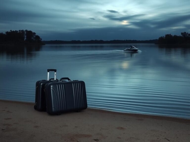 Flick International A serene lake at dusk with two stylish black suitcases on the shore