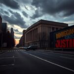 Flick International New York City federal immigration court building illuminated at dusk