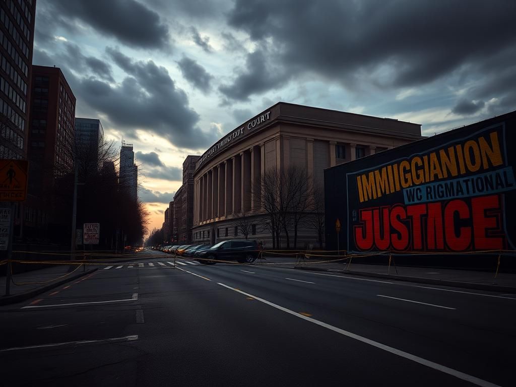 Flick International New York City federal immigration court building illuminated at dusk