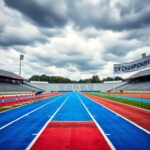 Flick International A dramatic scene of a high school athletic track with a blue running track and colorful track equipment, set against a backdrop of dark clouds highlighting the championship controversy.