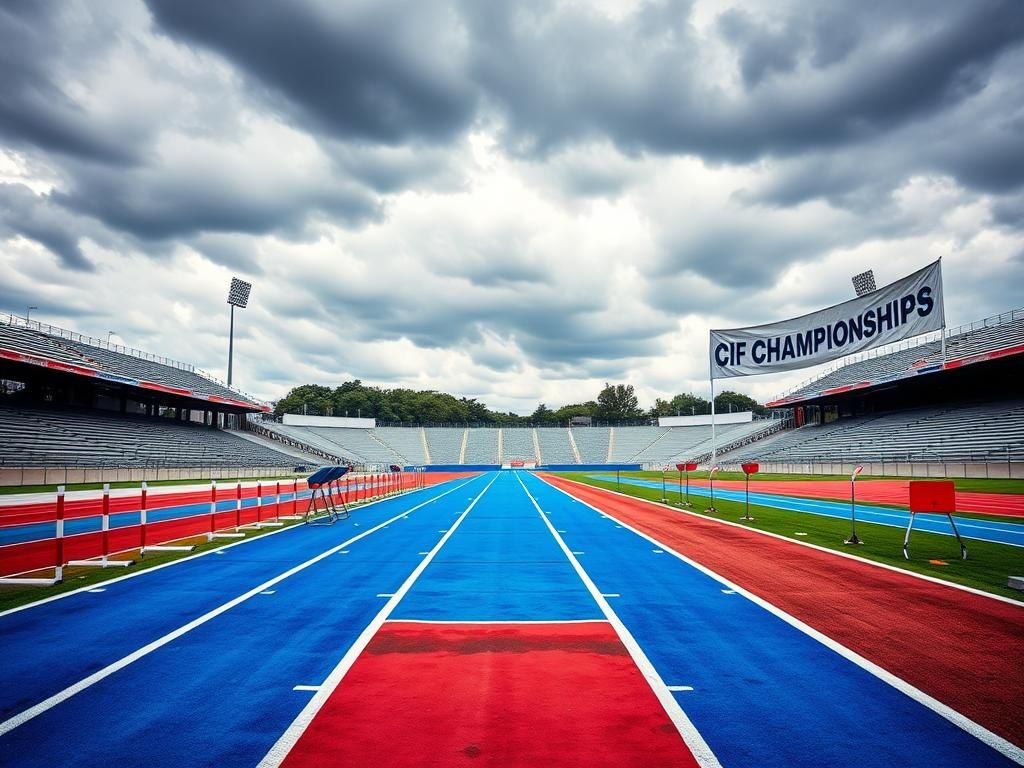 Flick International A dramatic scene of a high school athletic track with a blue running track and colorful track equipment, set against a backdrop of dark clouds highlighting the championship controversy.