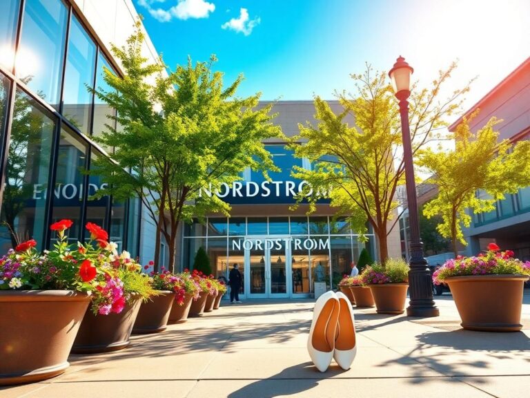 Flick International A sunny street scene in Nashville with a focus on a stylish Nordstrom store and blooming flowers.