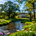 Flick International A serene landscape of Sherwood Forest with lush greenery and historic plantation house