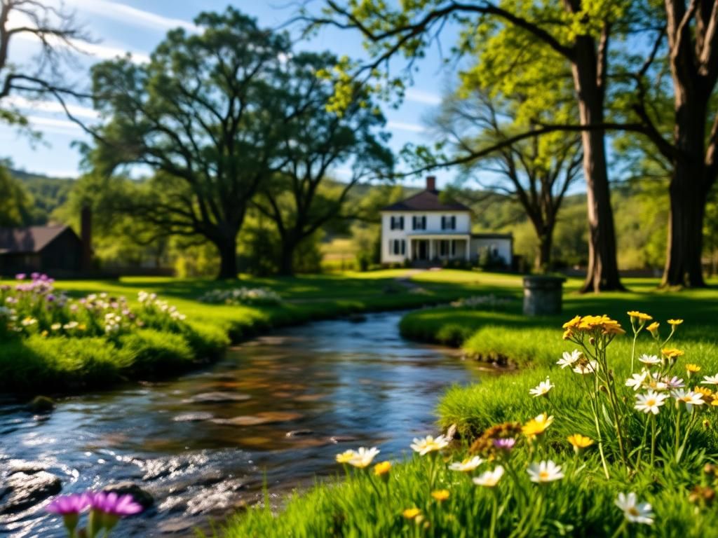 Flick International A serene landscape of Sherwood Forest with lush greenery and historic plantation house