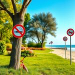 Flick International A serene park scene featuring a vibrant green landscape, colorful flowers, and a prominent 'No Smoking' sign on a tree.