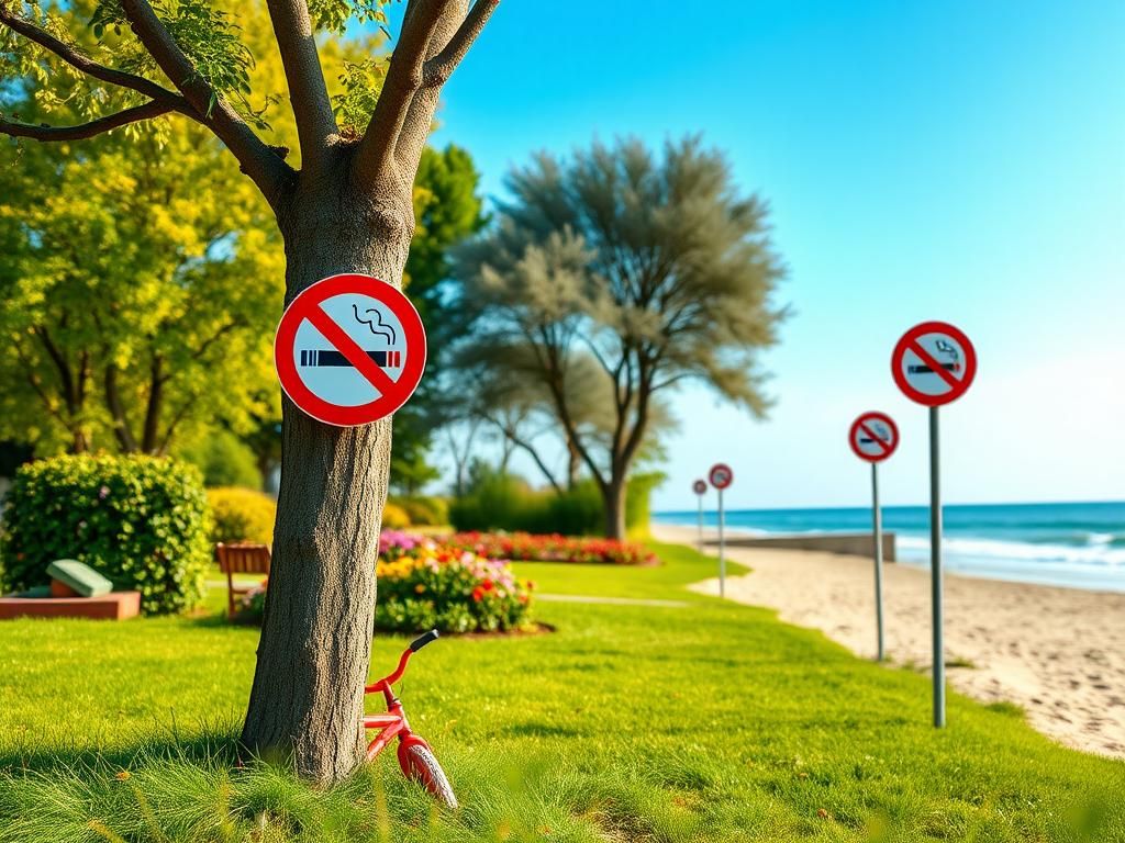 Flick International A serene park scene featuring a vibrant green landscape, colorful flowers, and a prominent 'No Smoking' sign on a tree.