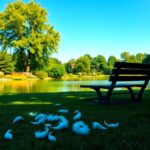 Flick International Serene park scene with a deserted bench by a tranquil lake