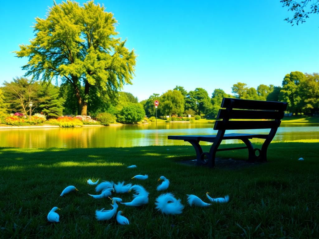 Flick International Serene park scene with a deserted bench by a tranquil lake