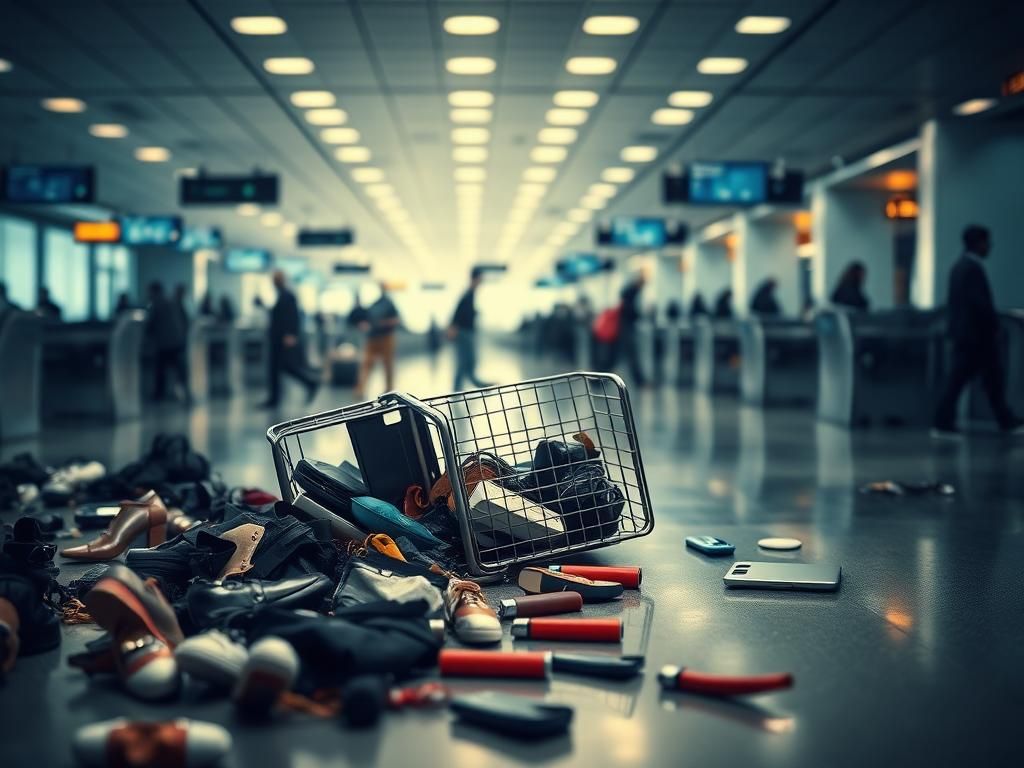 Flick International Overturned security bin cart at TSA checkpoint in Miami airport