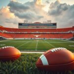 Flick International Aerial view of the University of Texas at Austin's football stadium during sunset