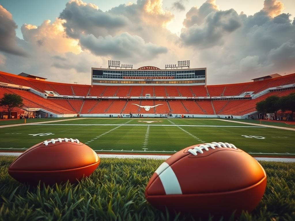 Flick International Aerial view of the University of Texas at Austin's football stadium during sunset