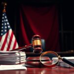 Flick International Dramatic courtroom scene with gavel and American flag.