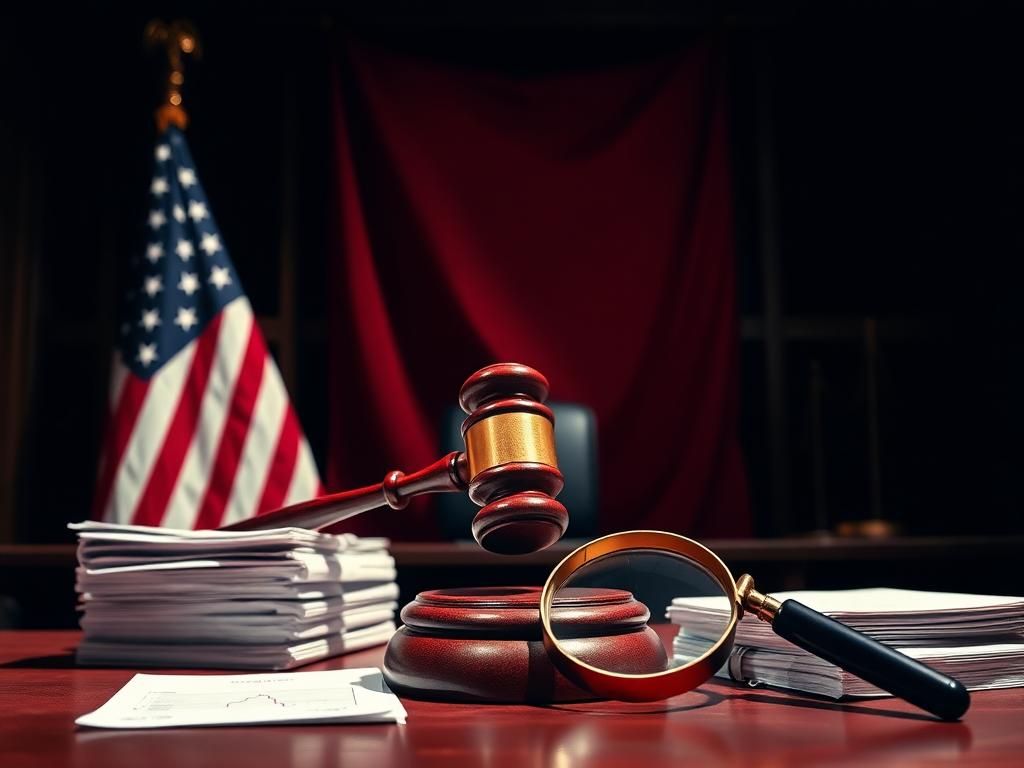 Flick International Dramatic courtroom scene with gavel and American flag.