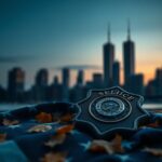 Flick International A weathered police badge resting on a folded American flag, with the NYC skyline and Twin Towers in the background at dusk