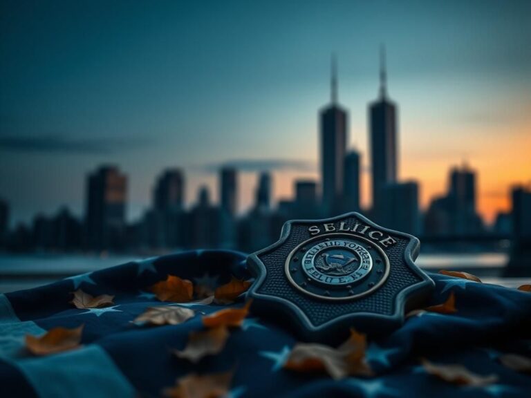 Flick International A weathered police badge resting on a folded American flag, with the NYC skyline and Twin Towers in the background at dusk