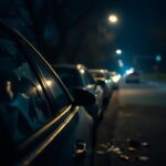 Flick International Close-up of a broken car window with glass shards on a dimly lit street