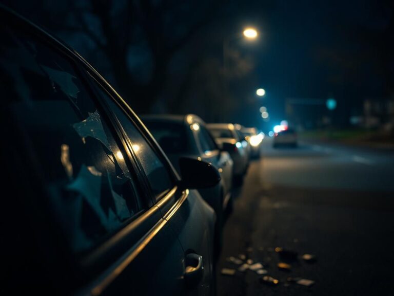 Flick International Close-up of a broken car window with glass shards on a dimly lit street