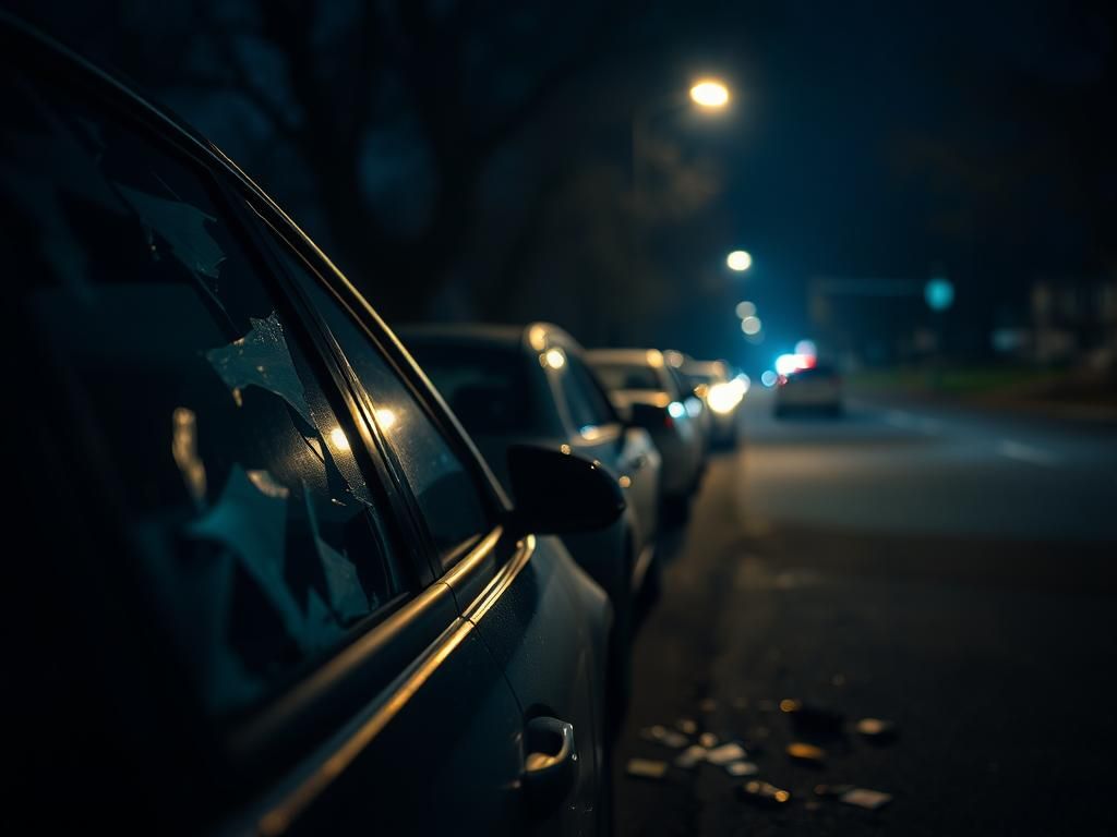 Flick International Close-up of a broken car window with glass shards on a dimly lit street