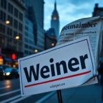 Flick International Conceptual image of a political campaign sign for Anthony Weiner on a city street with a blurred urban backdrop