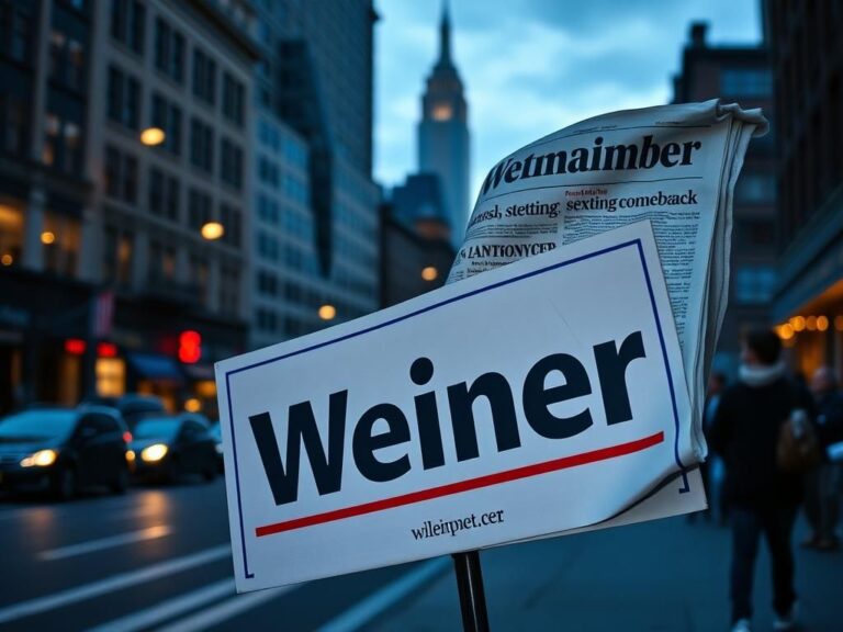 Flick International Conceptual image of a political campaign sign for Anthony Weiner on a city street with a blurred urban backdrop