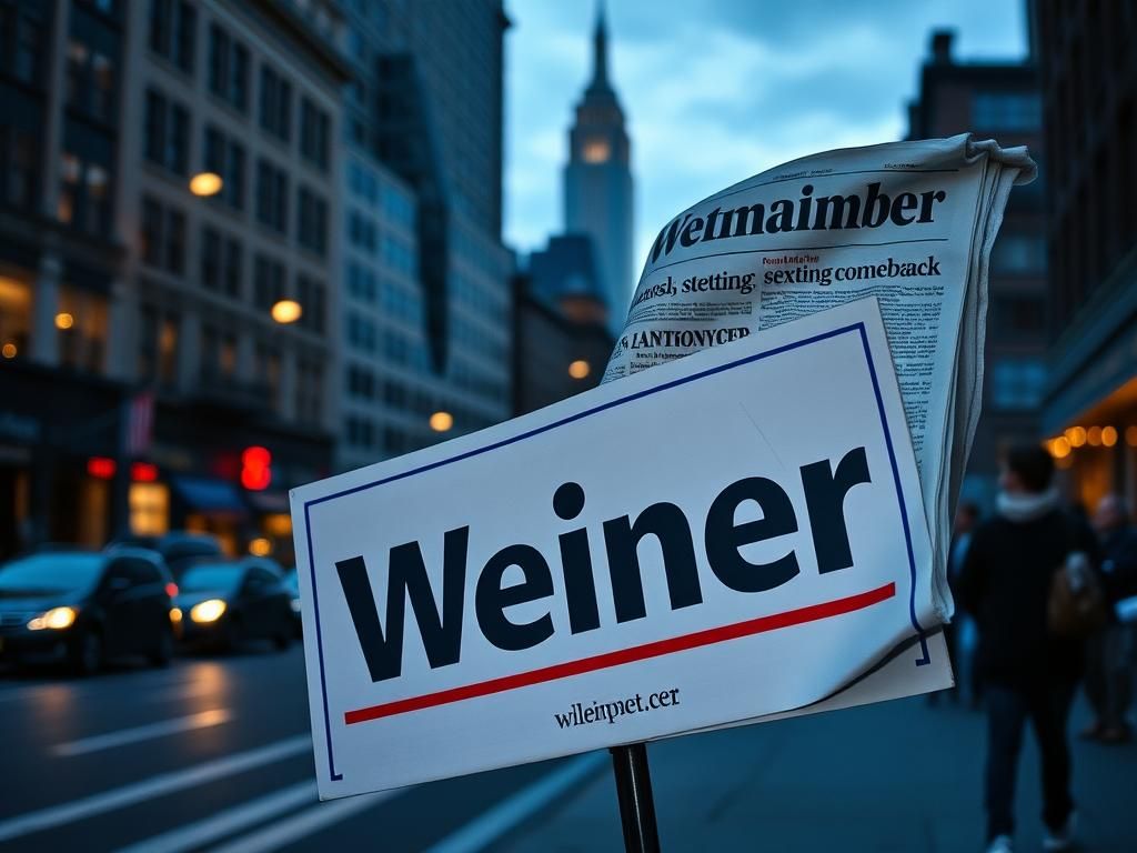 Flick International Conceptual image of a political campaign sign for Anthony Weiner on a city street with a blurred urban backdrop