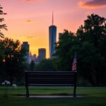 Flick International Serene sunset over New York City skyline with One World Trade Center and a symbolic park bench