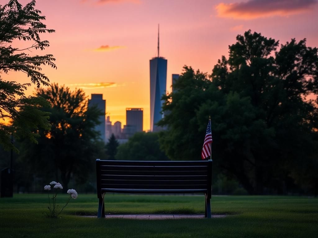 Flick International Serene sunset over New York City skyline with One World Trade Center and a symbolic park bench