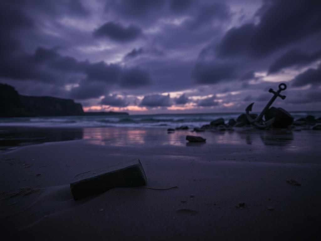 Flick International A dark beach scene at twilight with a broken brick in wet sand