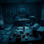 Flick International Dark office scene with scattered papers and prescription bottles symbolizing turmoil and abuse