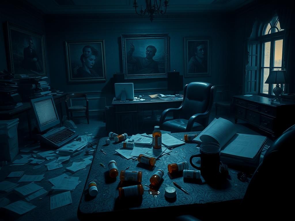 Flick International Dark office scene with scattered papers and prescription bottles symbolizing turmoil and abuse