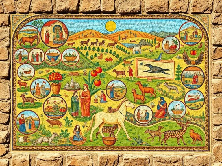 Flick International Intricate Byzantine-era mosaic showcasing 55 colorful medallions depicting scenes of ancient life and mythology