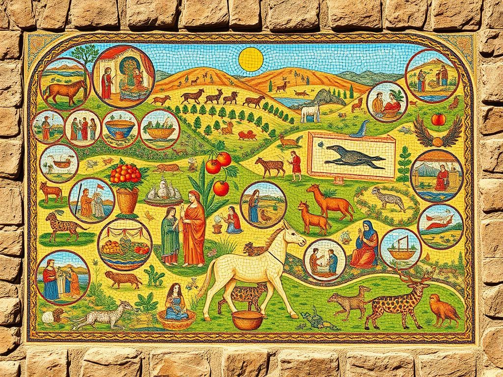 Flick International Intricate Byzantine-era mosaic showcasing 55 colorful medallions depicting scenes of ancient life and mythology