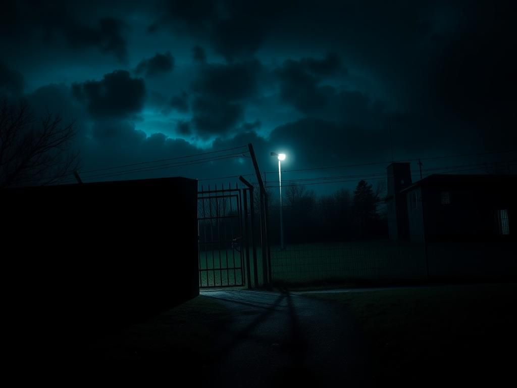 Flick International Dimly lit psychiatric hospital at night with broken door and shadows