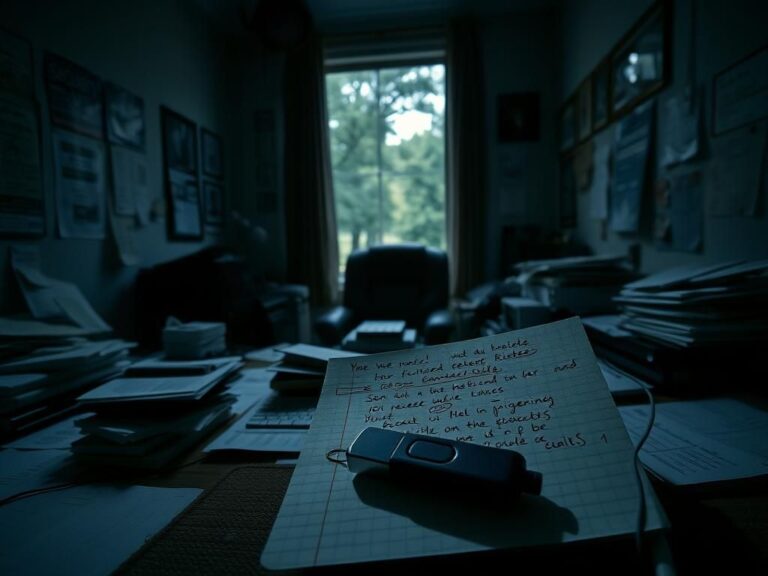 Flick International A dimly lit office with a thumb drive and scattered classified documents