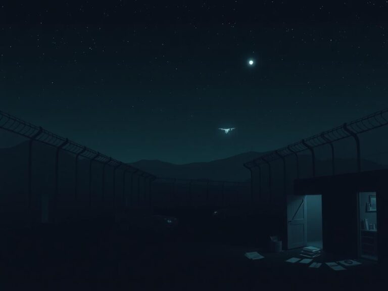 Flick International Shadowy military base under a starry night sky with Stryker combat vehicles and surveillance drones