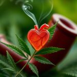 Flick International Close-up of a cannabis leaf intertwined with a heart symbol, illustrating health risks
