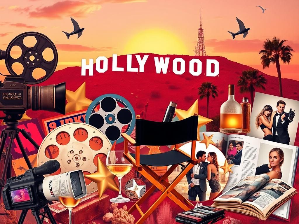 Flick International A vibrant collage of Hollywood symbols including a film reel, vintage camera, and director's chair against a sunset backdrop.