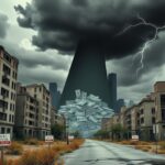Flick International Dystopian urban landscape with crumbling buildings and financial symbols illustrating the weight of government debt