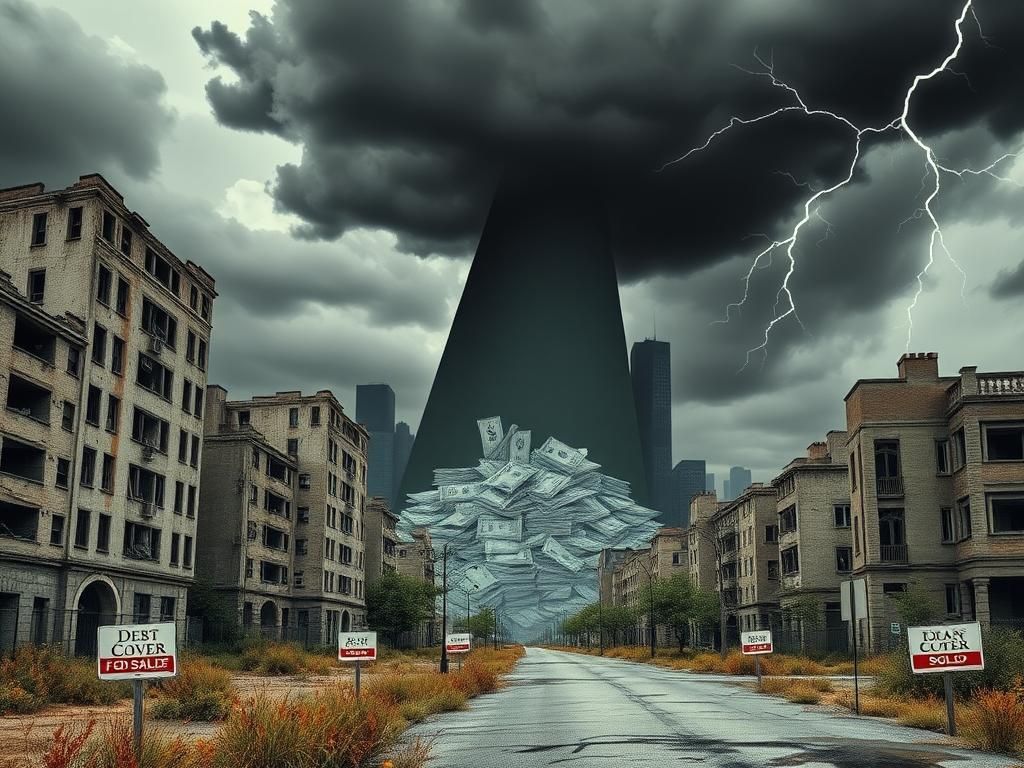 Flick International Dystopian urban landscape with crumbling buildings and financial symbols illustrating the weight of government debt