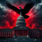 Flick International Cracked Capitol building under ominous shadows symbolizing political strife
