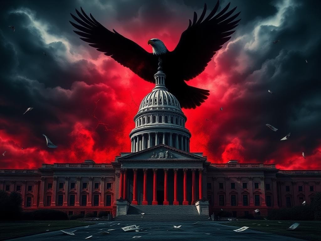 Flick International Cracked Capitol building under ominous shadows symbolizing political strife