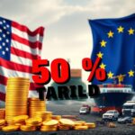 Flick International Large American and European flags symbolizing trade tensions in an economic landscape