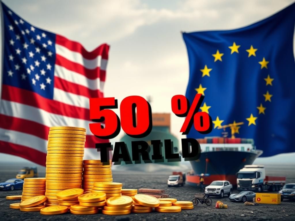 Flick International Large American and European flags symbolizing trade tensions in an economic landscape
