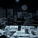Flick International Dimly lit newsroom with newspapers and laptops symbolizing media scrutiny