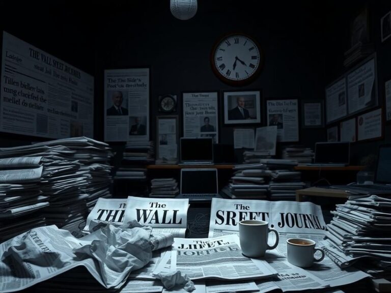 Flick International Dimly lit newsroom with newspapers and laptops symbolizing media scrutiny